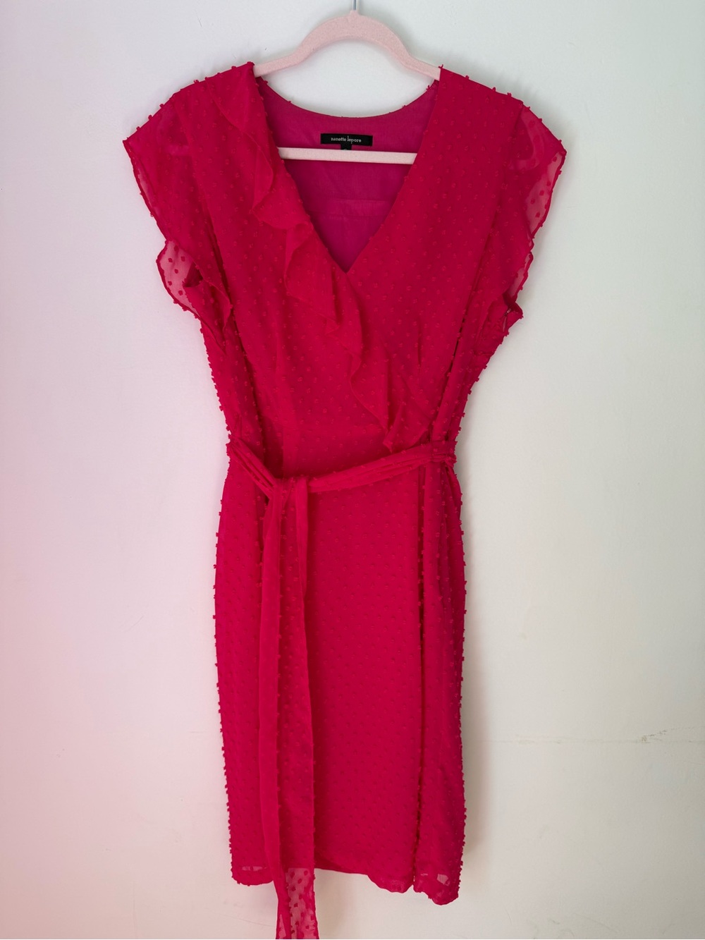 Nanette Lepore Hot Pink Swiss Dot Tie Waist Dress Size 12 Made in USA